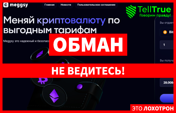 Meggsy (meggsy.com) обменник крипты от мошенников!